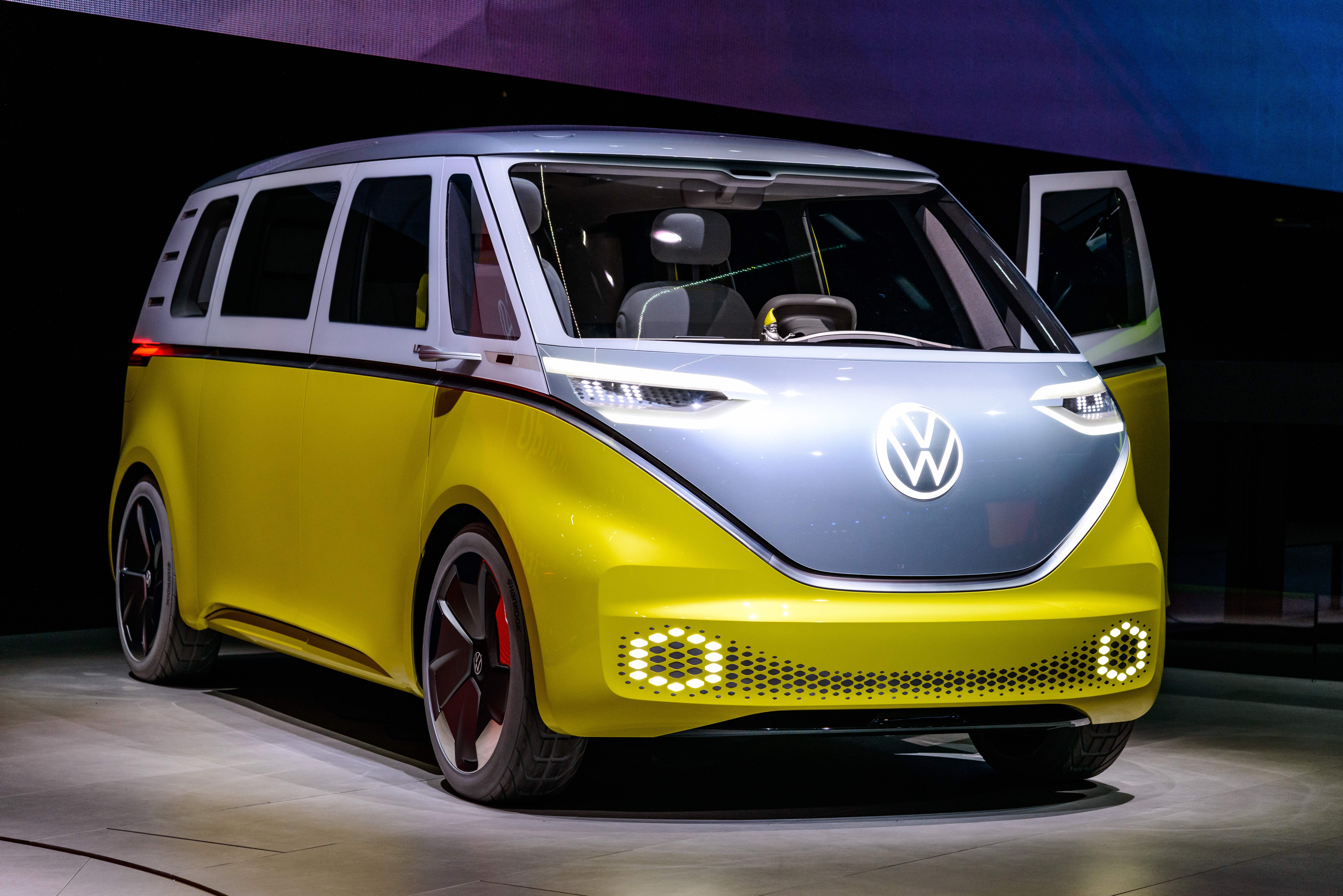 FRANKFURT, GERMANY - SEPT 2019:  VW I.D. BUZZ, (ID BUZZ). Electric Volkswagen Bulli in yellow on IAA International Motor Show Auto Exhibtion.